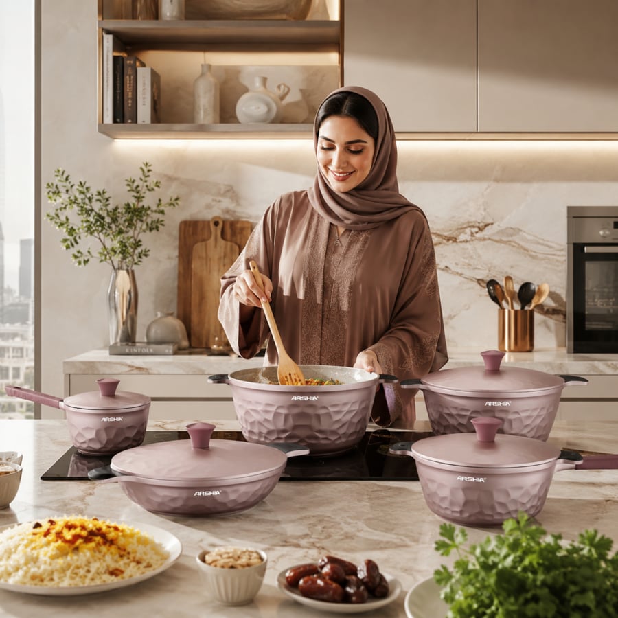Arshia Diamond Cast Iron Cookware Set, 16 Pieces, Pink