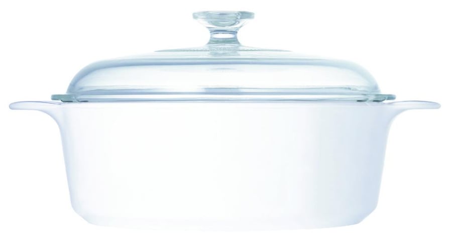 Corning Ware white ceramic saucepan with a round glass lid, 3.25 liter capacity