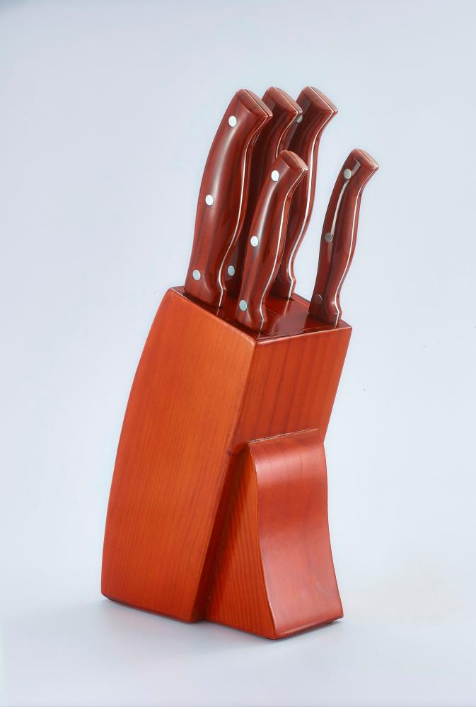 6-piece brown knife set with wooden base