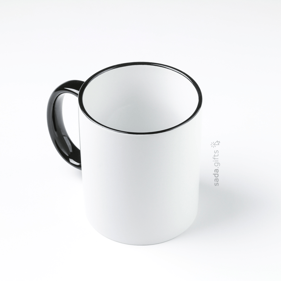White ceramic mug with a colored handle