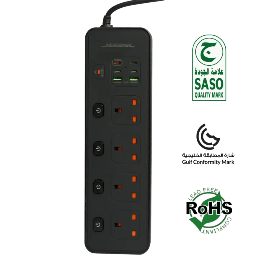 توصيلة كهرباء فولتكس جيبل بقدرة 3250 واط 4 مقابس UK مستقلة + 2USB + 4 USB-C  – حماية متقدمة – معتمدة SASO
