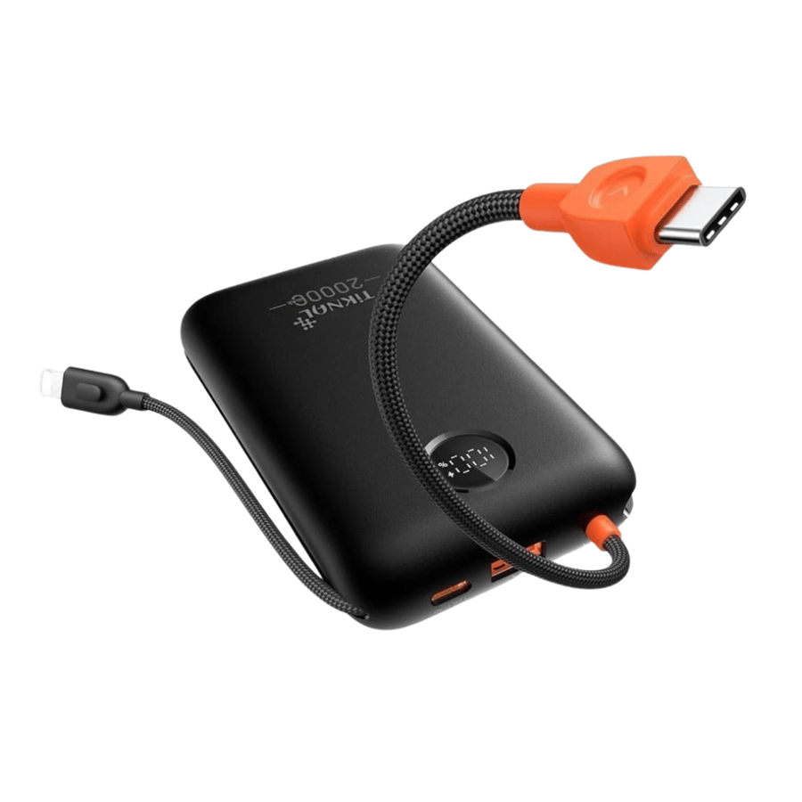 باور بانك بقوة 20 الف بمنفذي USB-C + USB-A وكيبلين مدمجة تايب سي و ايفون شحن سريع 22.5 واط TIKNAL