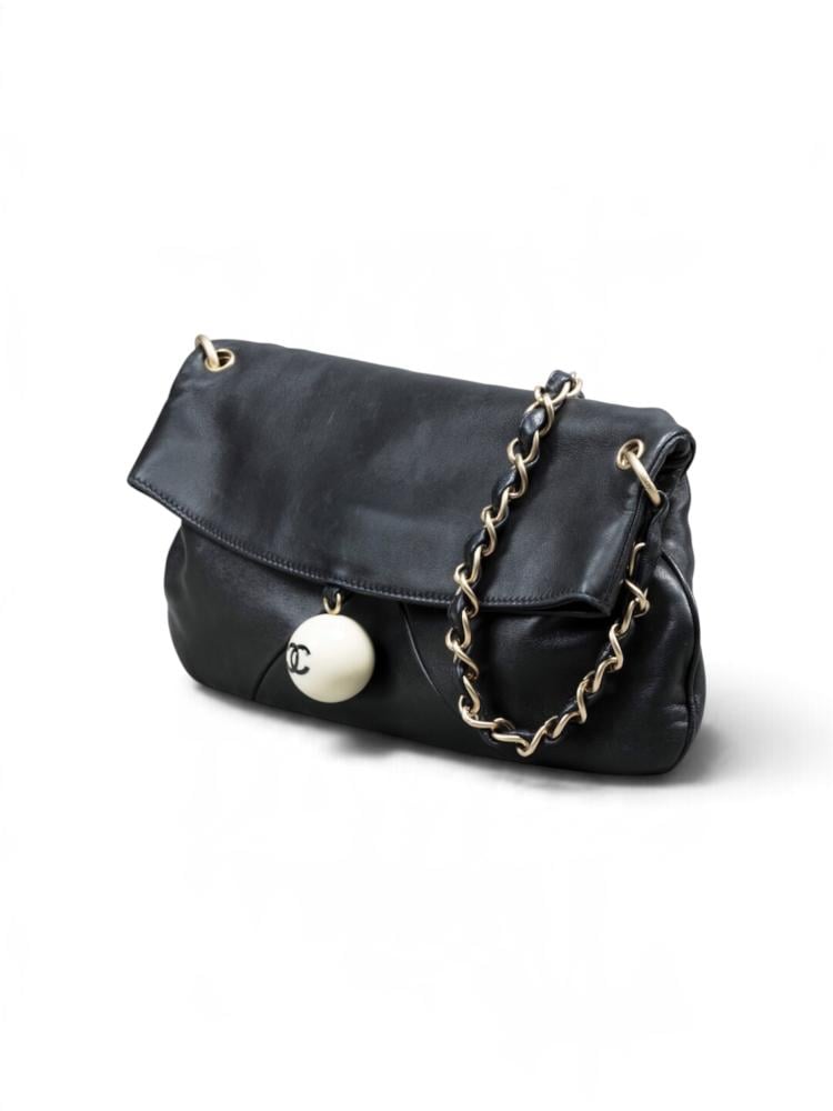 Vintage Chanel Black Lambskin Cue Ball Foldover Bag 2004