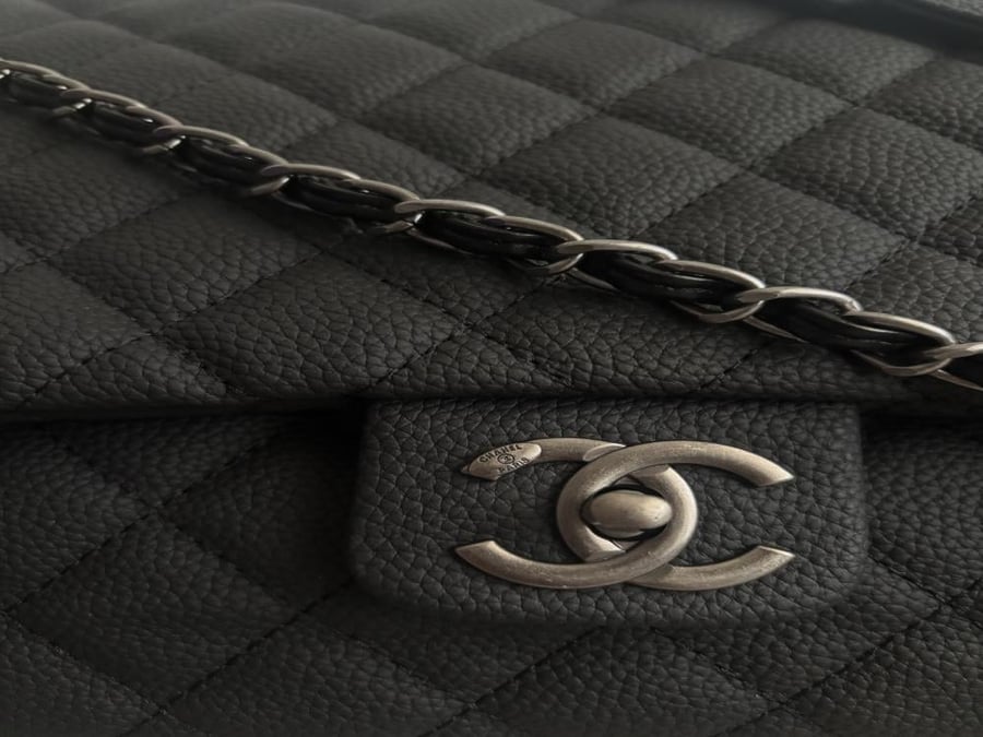 vintage CHANEL Maxi Flap Bag Black Caviar Leather silver hardware 46 cm