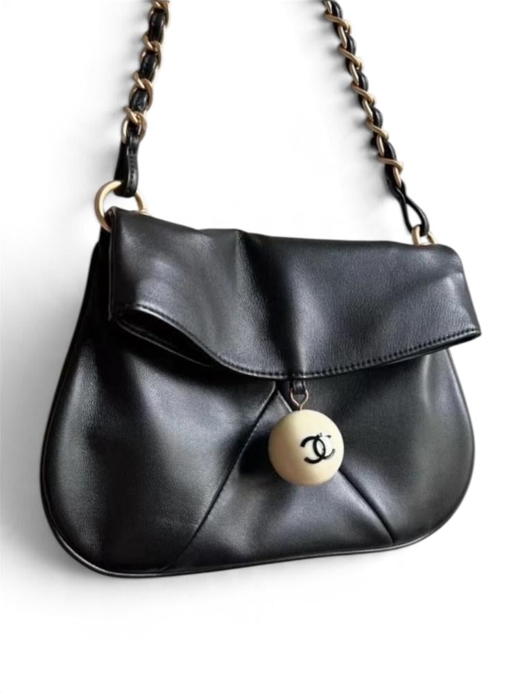 Vintage Chanel Black Lambskin Cue Ball Foldover Bag 2004