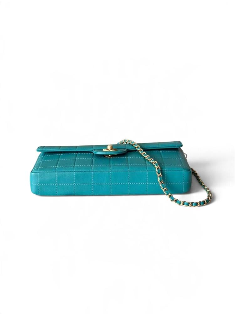 Chanel Vintage 2000-2002 East West Chocolate Bar Flap Bag in teal lambskin leather