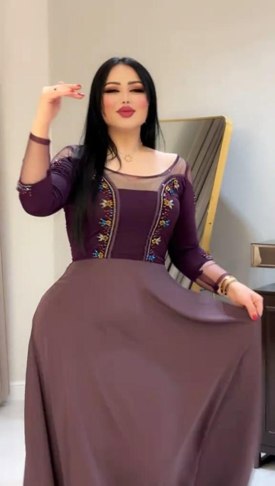 فستان سهرة أنيق طويل بنفسجي مطرز كريب وتفته