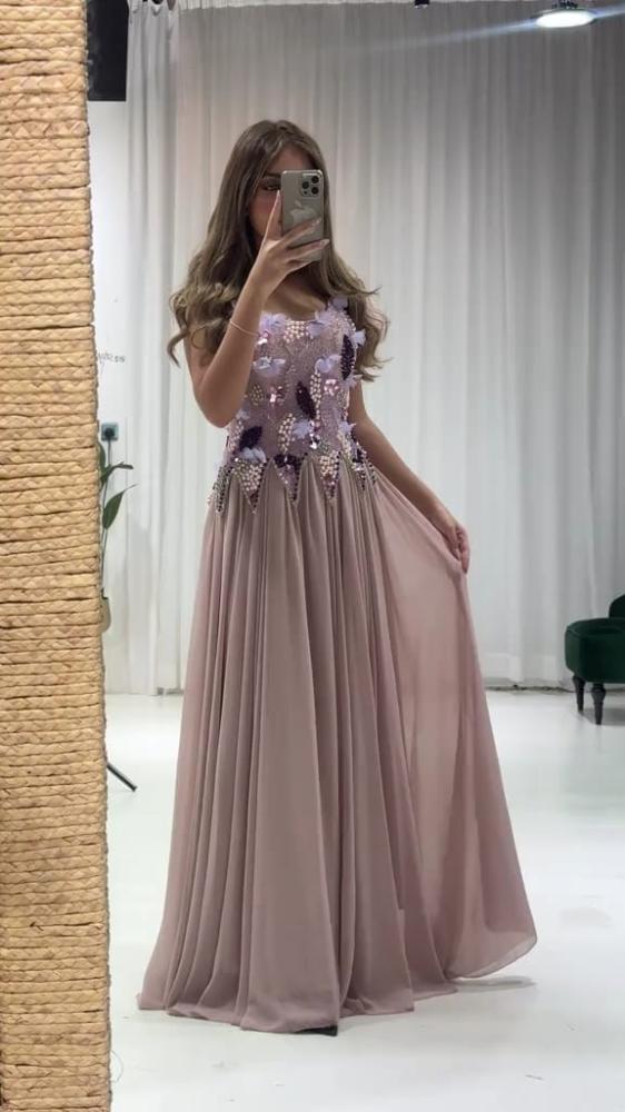 فستان سهره طويل جورجيت بتطريز يدوي فخم