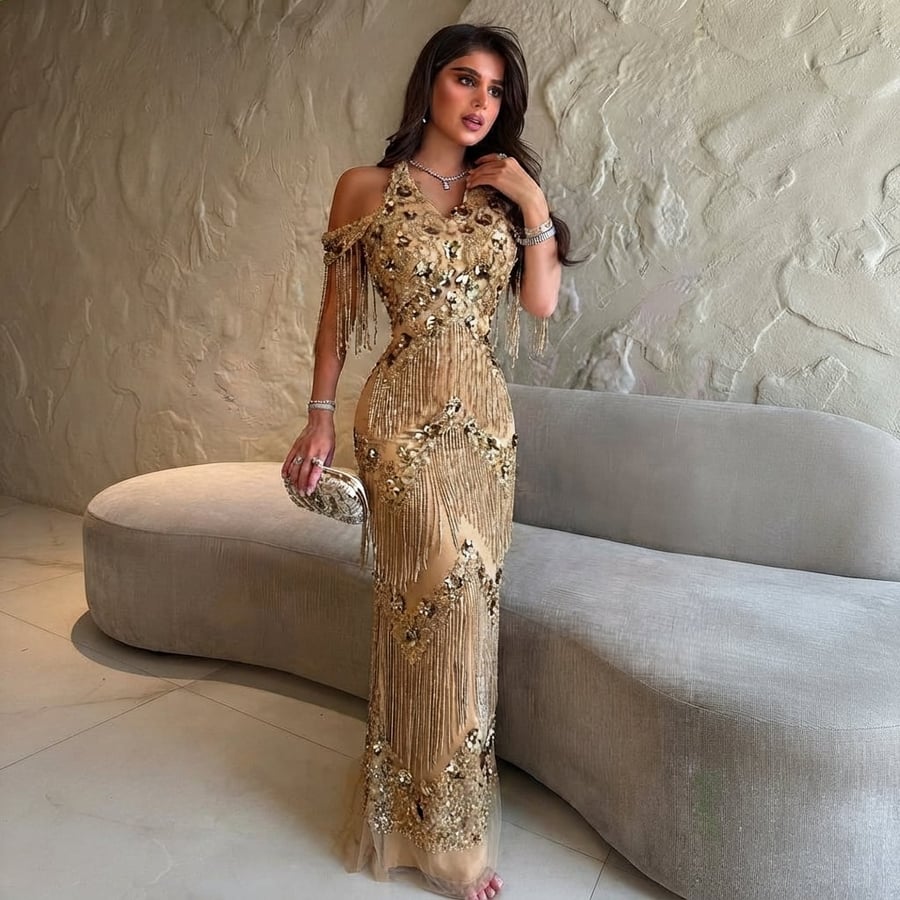 فستان سهرة طويل بتصميم مخصر مع ياقة هالتر وهدب خرز ذهبي فاخر