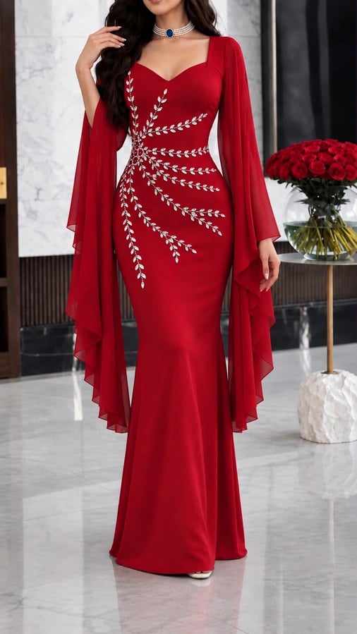فستان سهرة أحمر ملكي بقصة حورية البحر وتطريز كريستالي على شكل أغصان نباتية