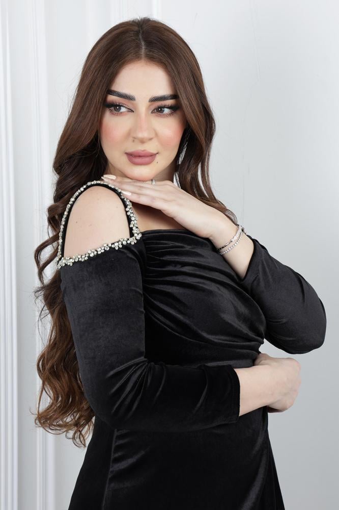 فستان سهرة فاخر مخمل كلفة خصر كريستال
