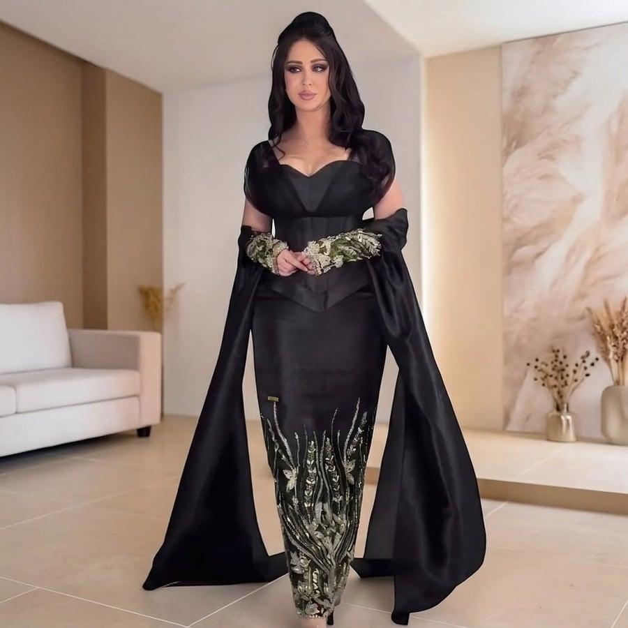 فستان سهرة طويل أسود ميكادو لمعة بتطريز فاخر وشال منفصل