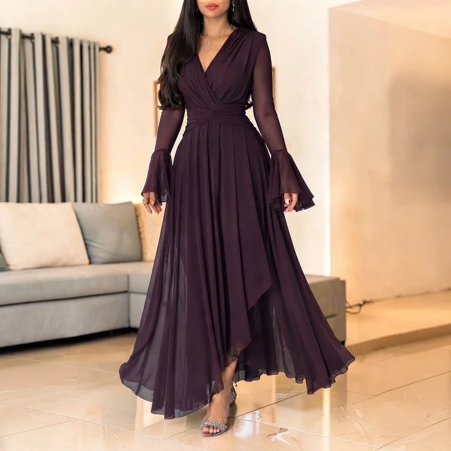 فستان سهرة طويل راقٍ بتصميم ملفوف وأكمام واسعة - عنابي