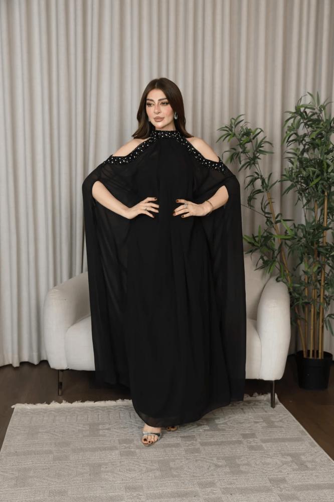فستان سهرة أنيق طويل شيفون اضافه كريب استرتش