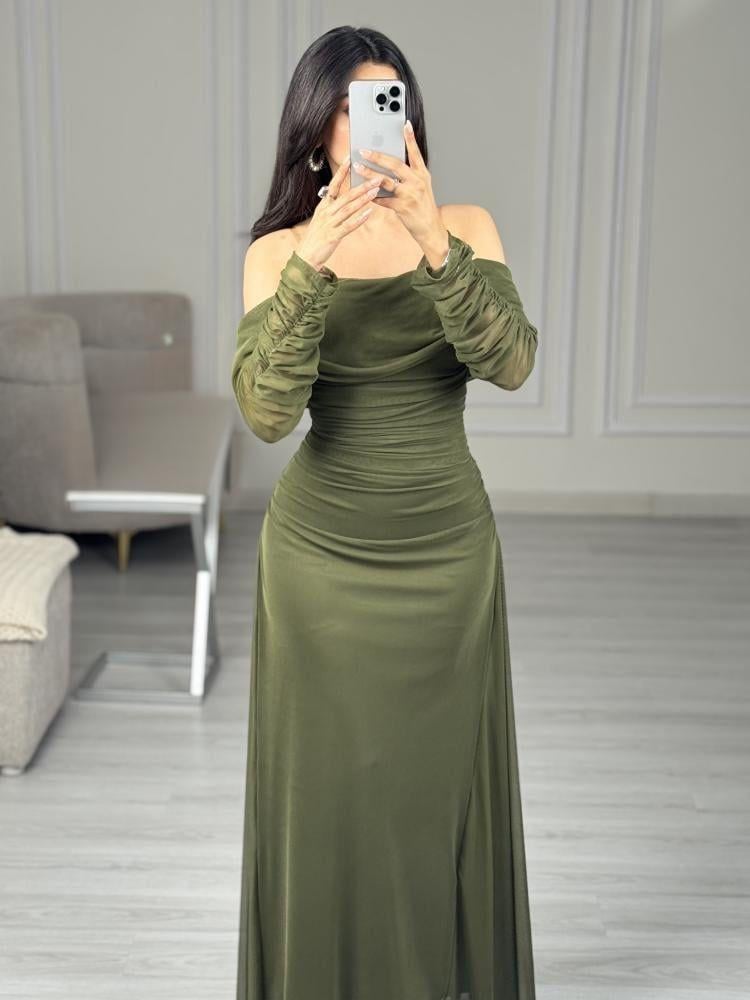 فستان سهرة ناعم طويل تل استرتش زيتي3
