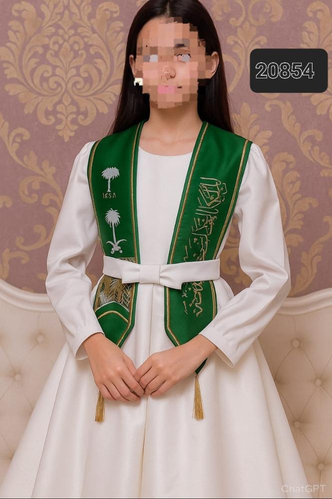 فستان بناتي طويل ابيض أنيق لليوم الوطني السعودي