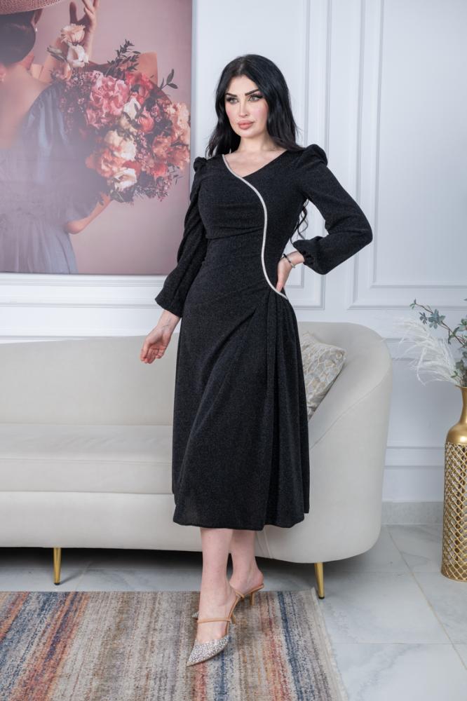 فستان سهرة أنيق ميدي لماع اضافه شريط كرستال