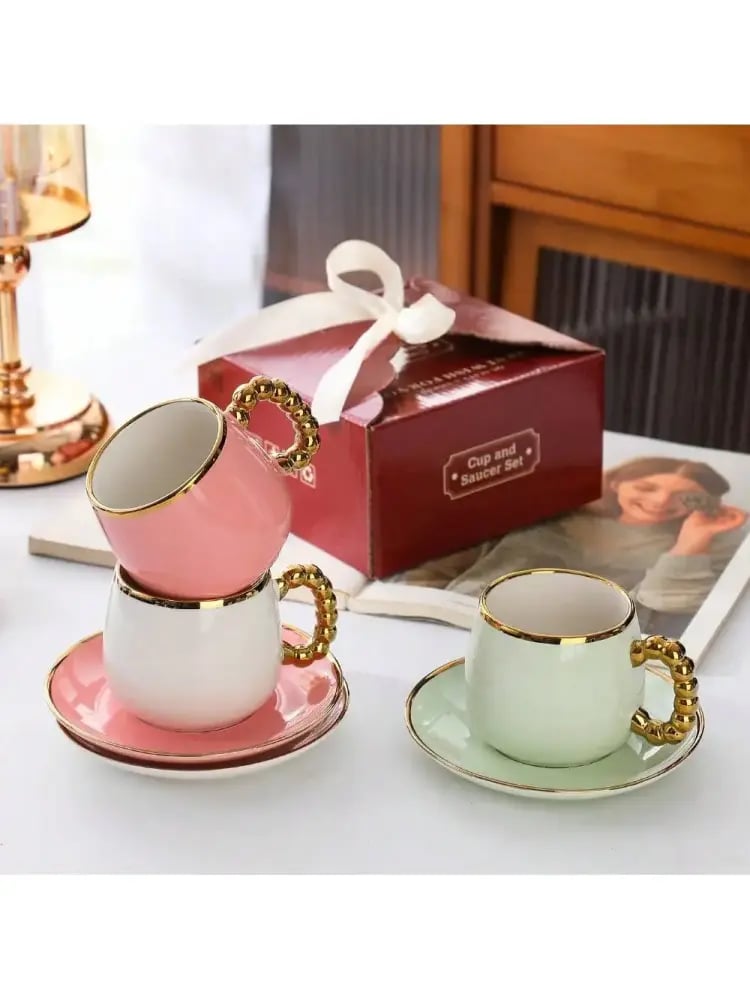 طقم كوب وصحون سيراميك بحافة ذهبية 250ML