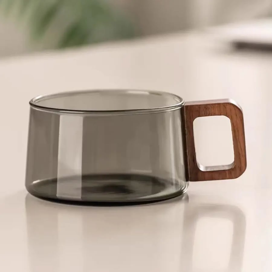 كوب قهوة زجاجي 200ML مع صحن خشبي وملعقة