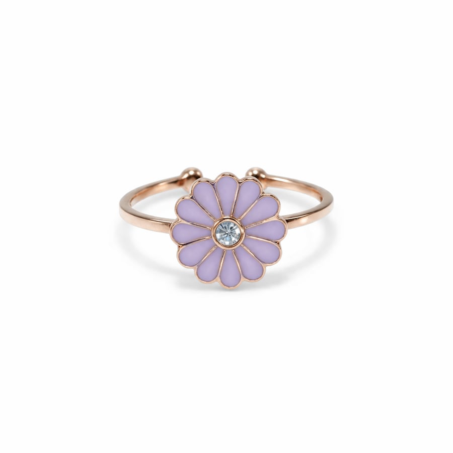 Children's gold ring 18 karat with purple flower and round diamond