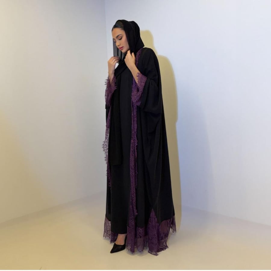 Black abaya with purple lace