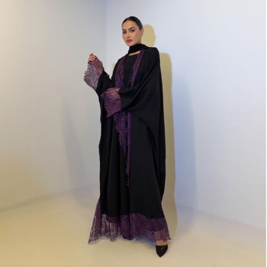 Black abaya with purple lace