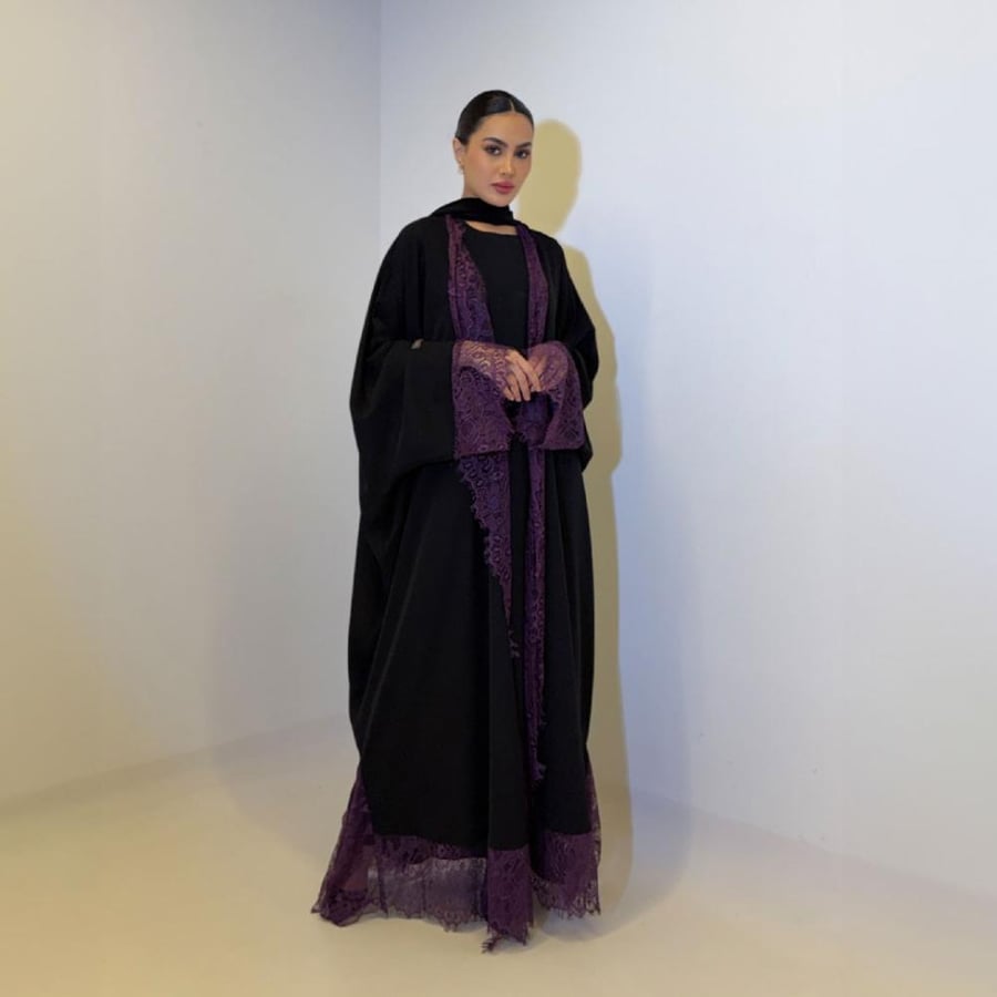 Black abaya with purple lace