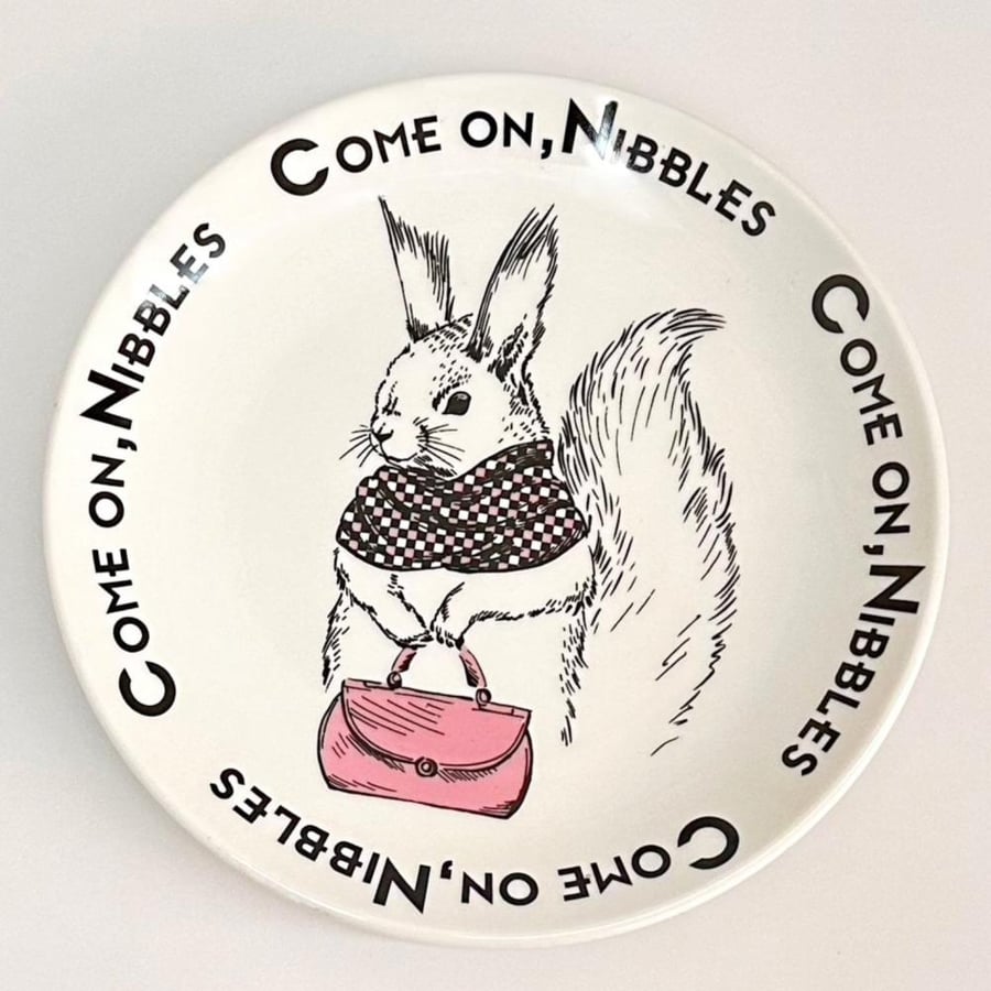 Porcelain plate with an elegant rabbit design and the phrase "Come on, Nibbles" – 8-inch size