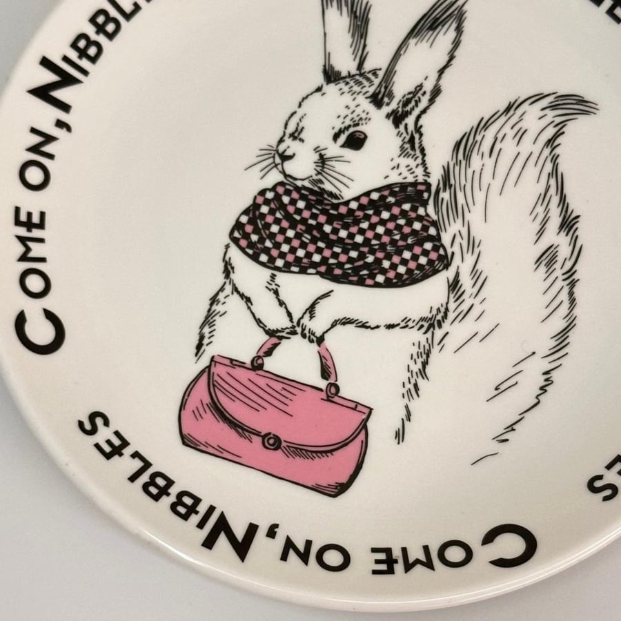 Porcelain plate with an elegant rabbit design and the phrase "Come on, Nibbles" – 8-inch size