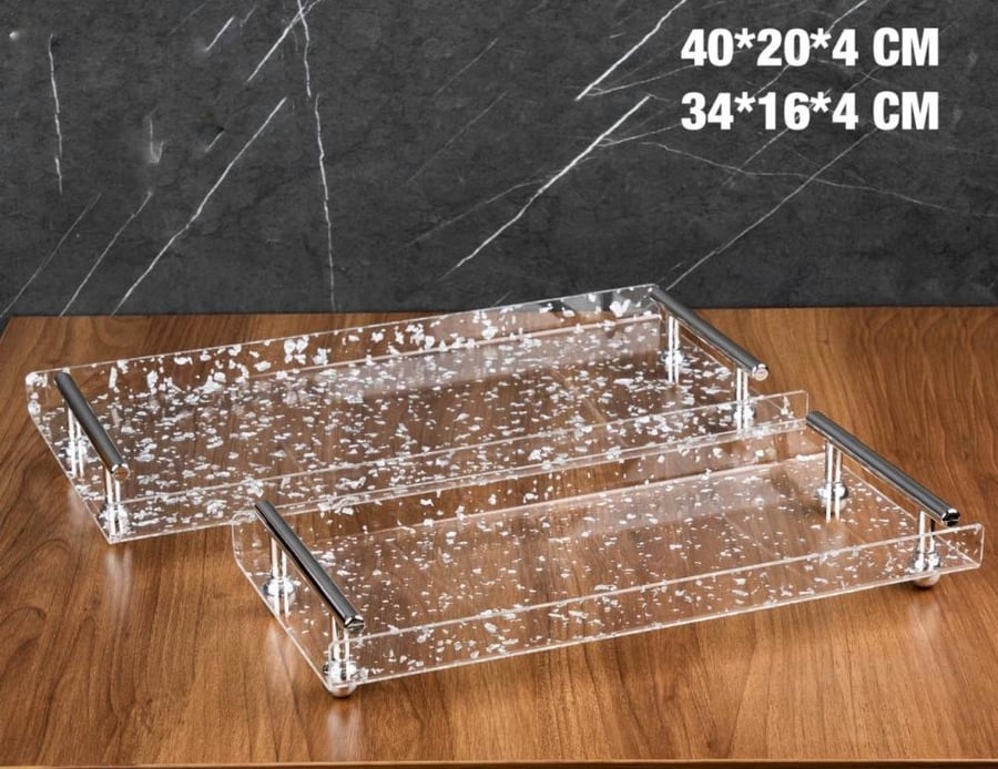 Acrylic serving tray set, 2 pieces, long, silver broken