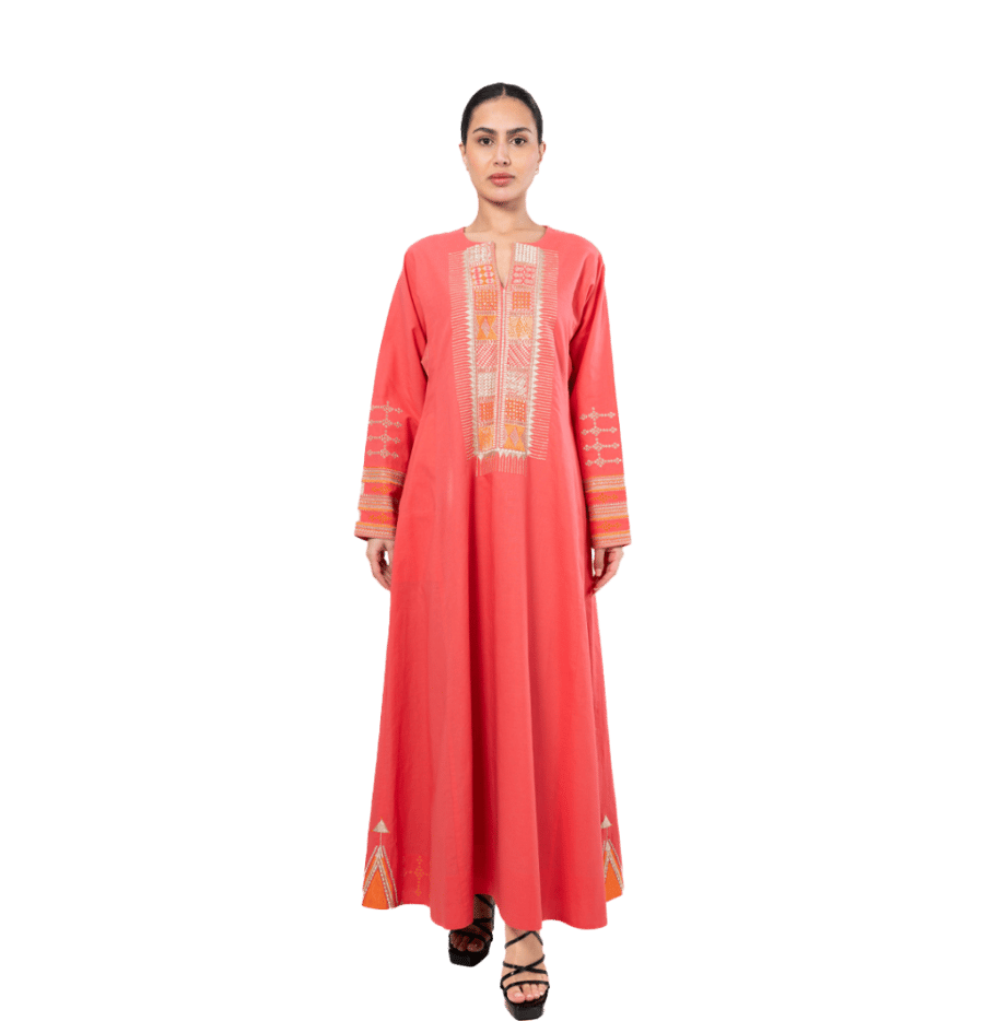 Reddish-Orange Dress with Geometric Embroidery