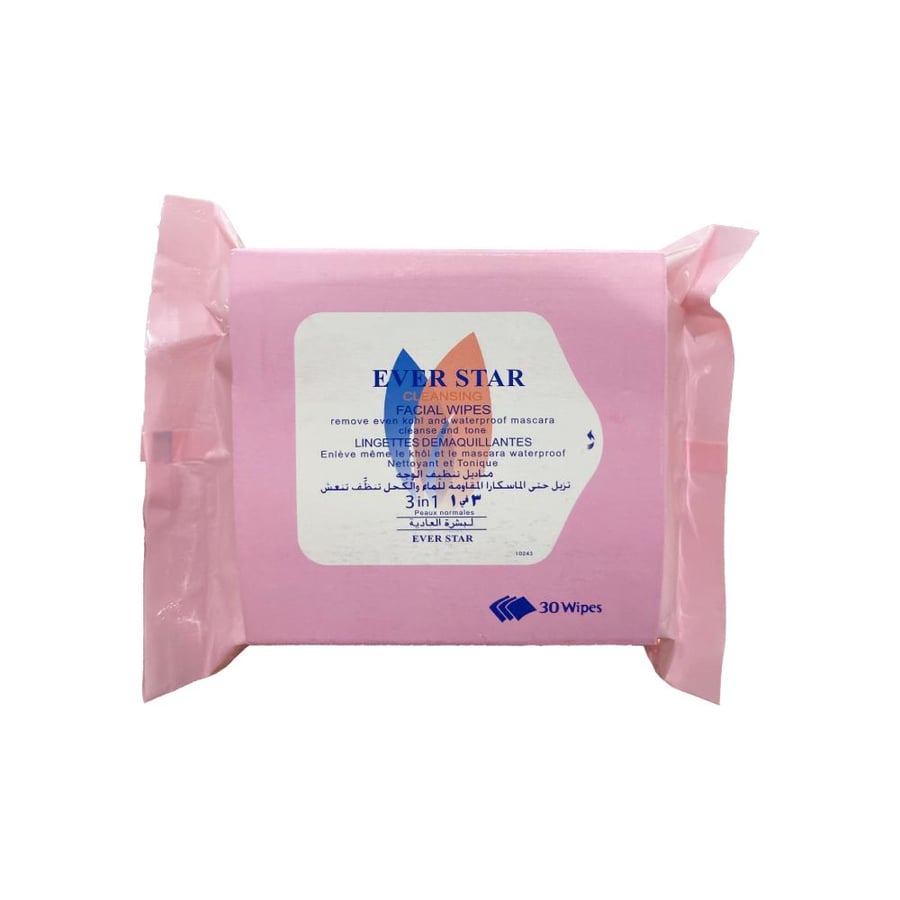 Face and makeup and mascara cleaning tissues (3 in 1) for normal skin from Ever Star - 30 tissues