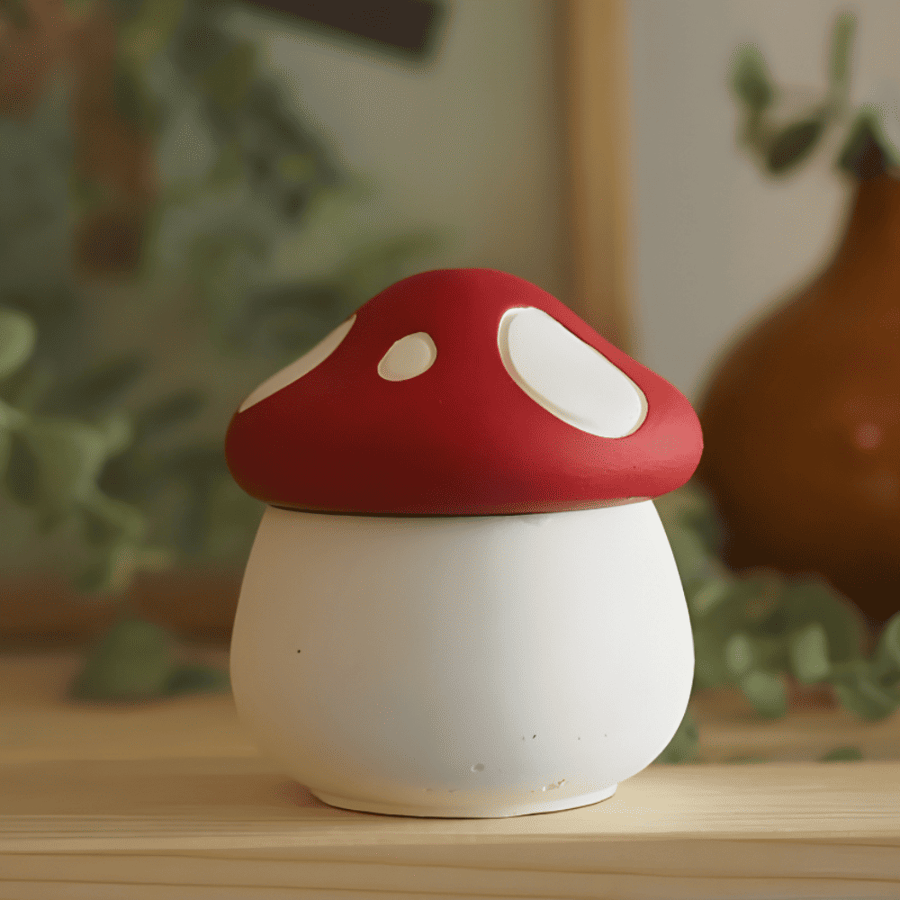A candle inside a mold in the shape of a mushroom