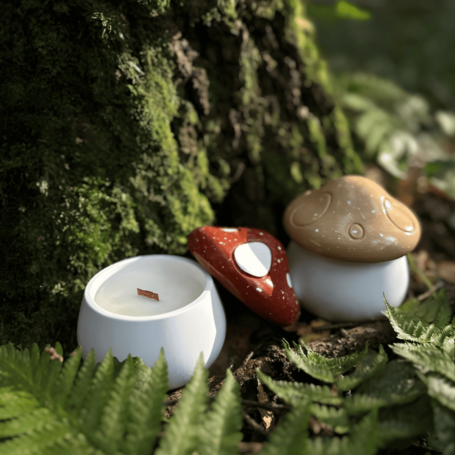 A candle inside a mold in the shape of a mushroom