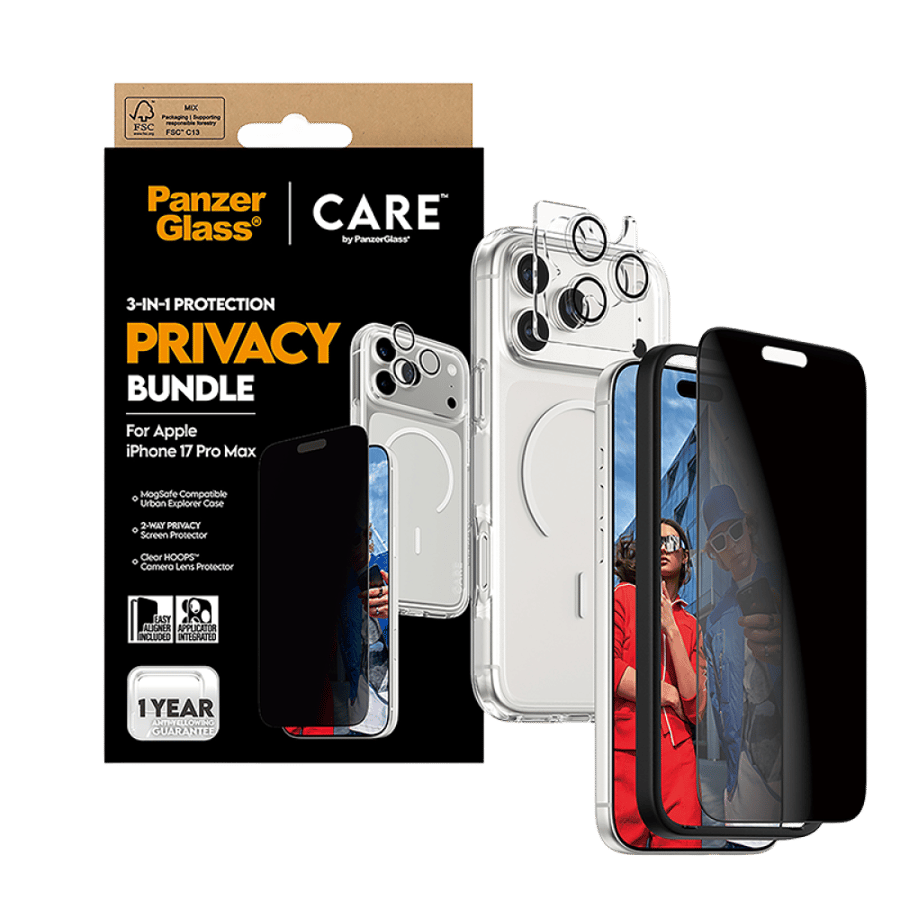 بانزر جلاس بكج حماية CARE 3 في 1 آيفون 17 برو ماكس - حماية شاشة خصوصية + كفر MagSafe