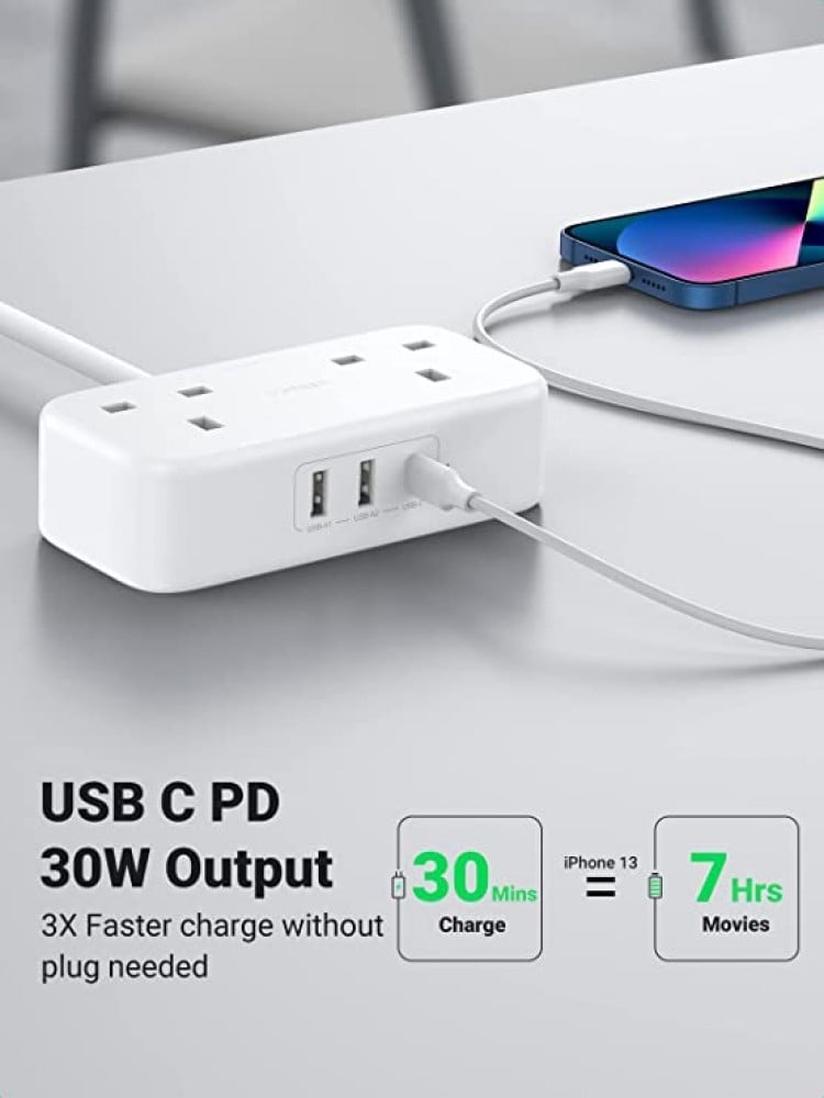 UGREEN Elegant Plug 1.80 Meters Long Fast Type 30 Watts And 2 USB Ports - White