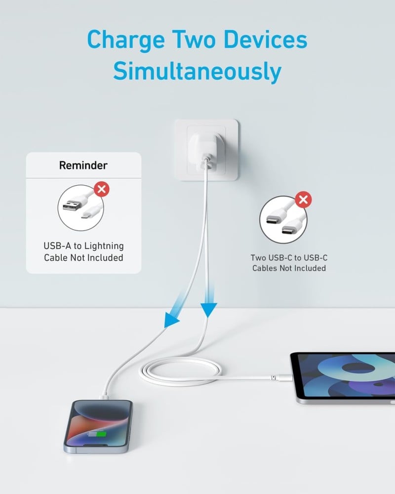 انكر فيش شاحن جداري منفذ تايب سي ومنفذ USB بقوة 20 واط - ابيض