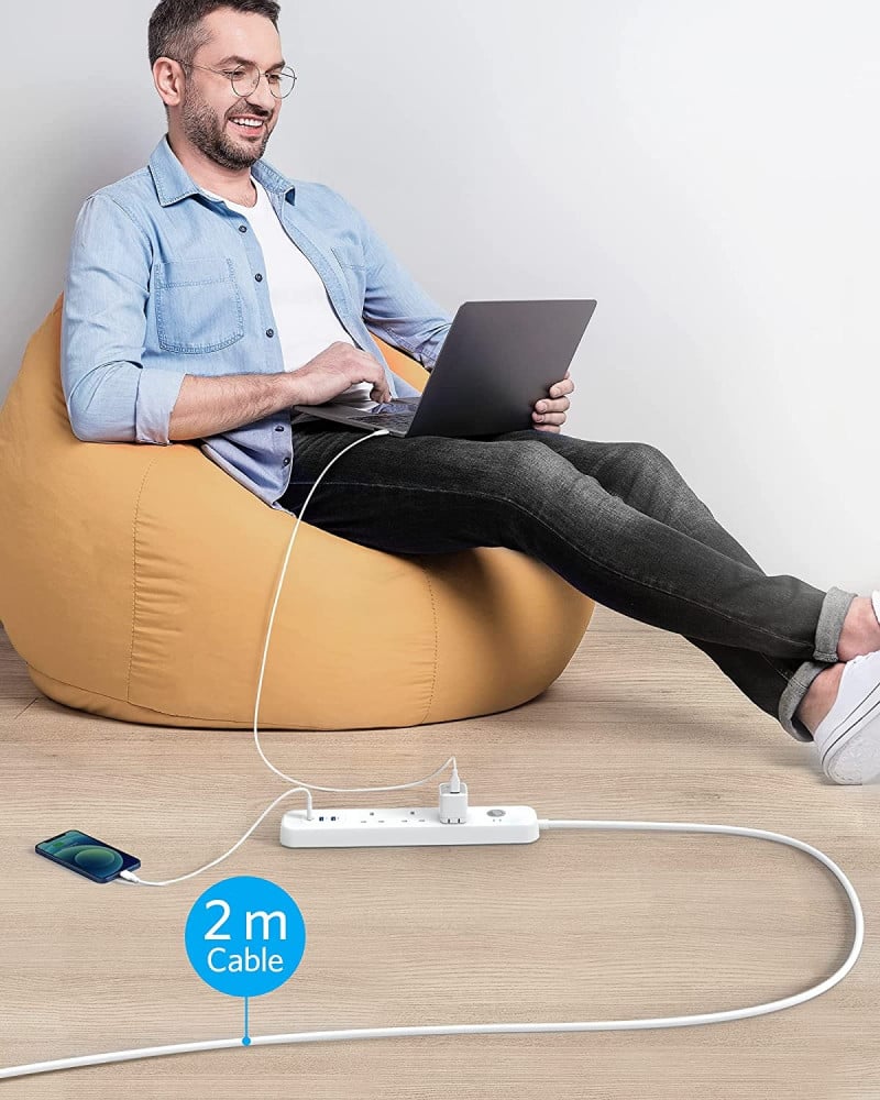 توصيلة انكر باور اكستند بـ 3 مخارج كهرباء ومخرجين USB ومخرج PD بقوة 30 واط - ابيض