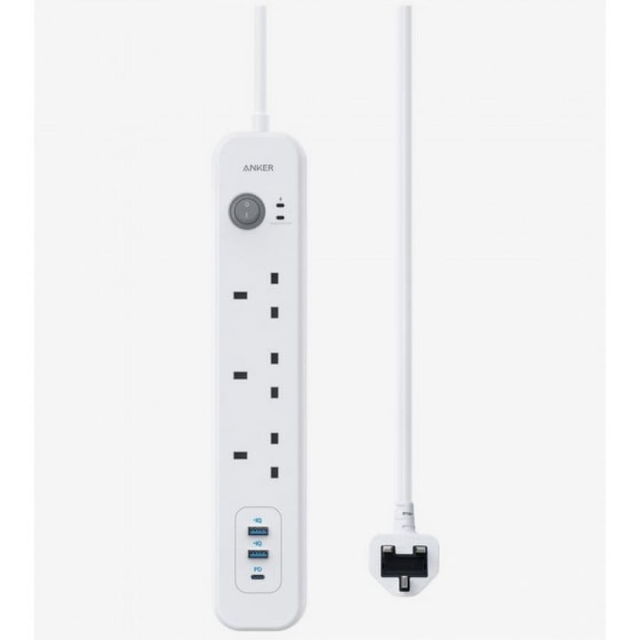 توصيلة انكر باور اكستند بـ 3 مخارج كهرباء ومخرجين USB ومخرج PD بقوة 30 واط - ابيض