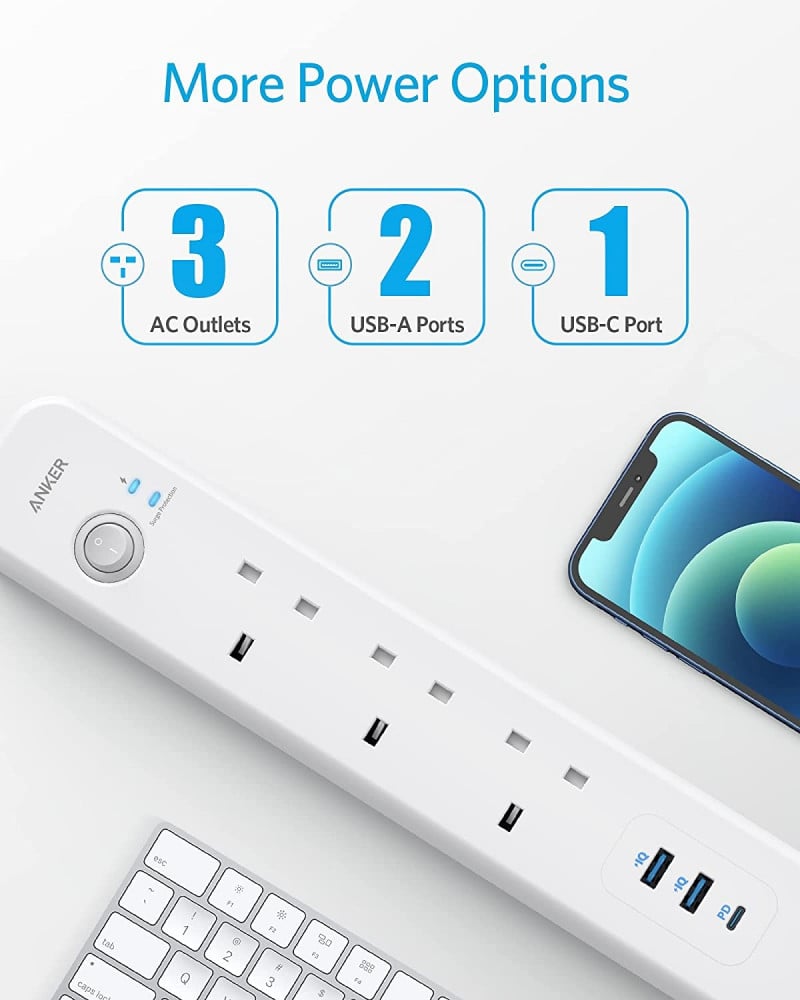 توصيلة انكر باور اكستند بـ 3 مخارج كهرباء ومخرجين USB ومخرج PD بقوة 30 واط - ابيض