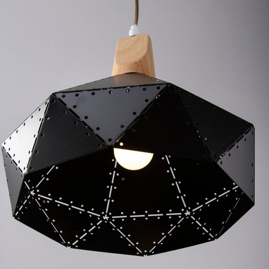 Perforated iron hanger chandelier with wood base