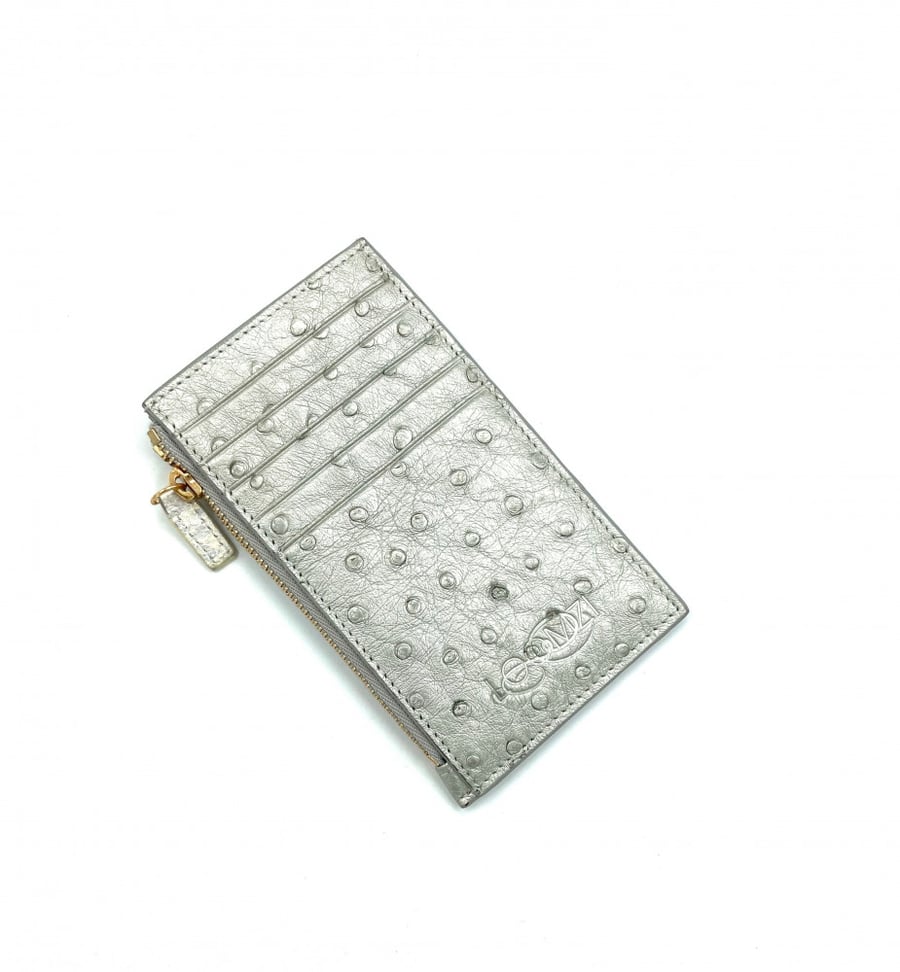 SILVER OSTRICH ZIPPER WALLET
