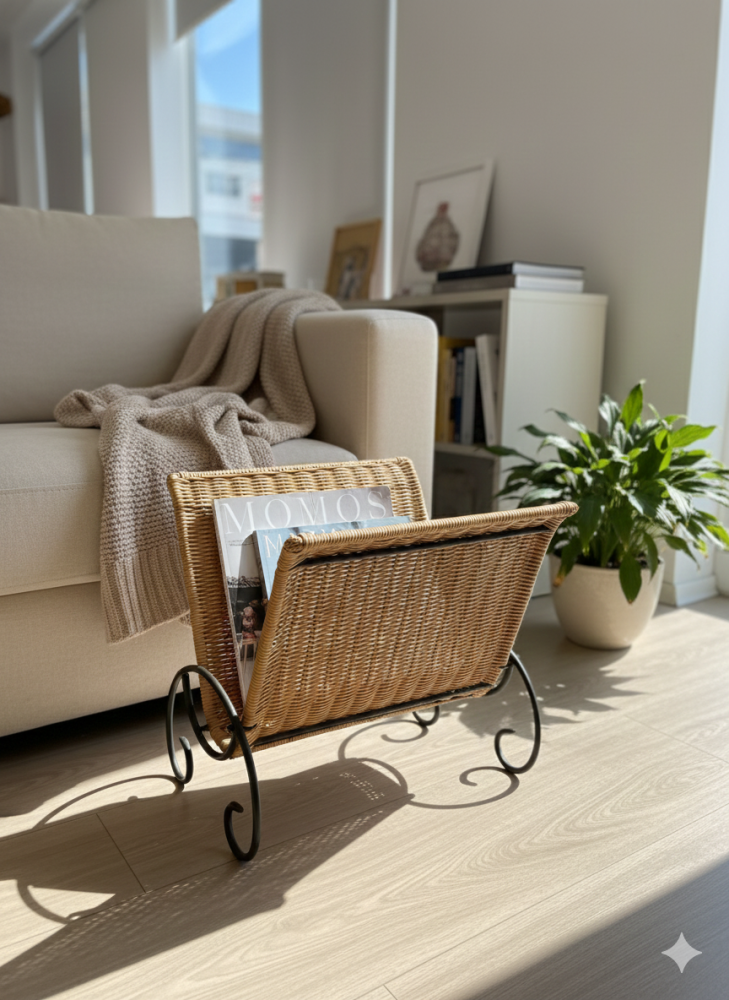 Magazine holder made of woven rattan
