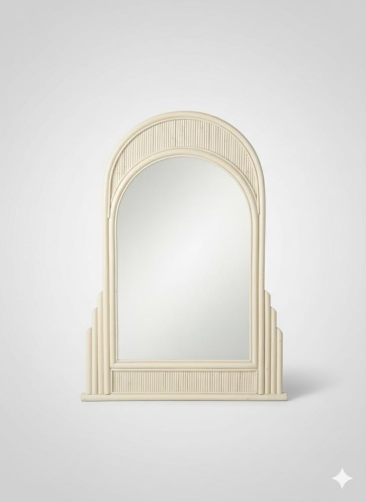 A curved mirror with vertical line details and side gradients that add an artistic touch. Flower corner with a classic design