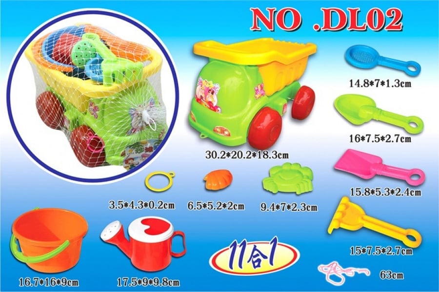 DL02 العاب رمل وسيارة قلاب 9 قطع مع حبل وحلقة للسحب