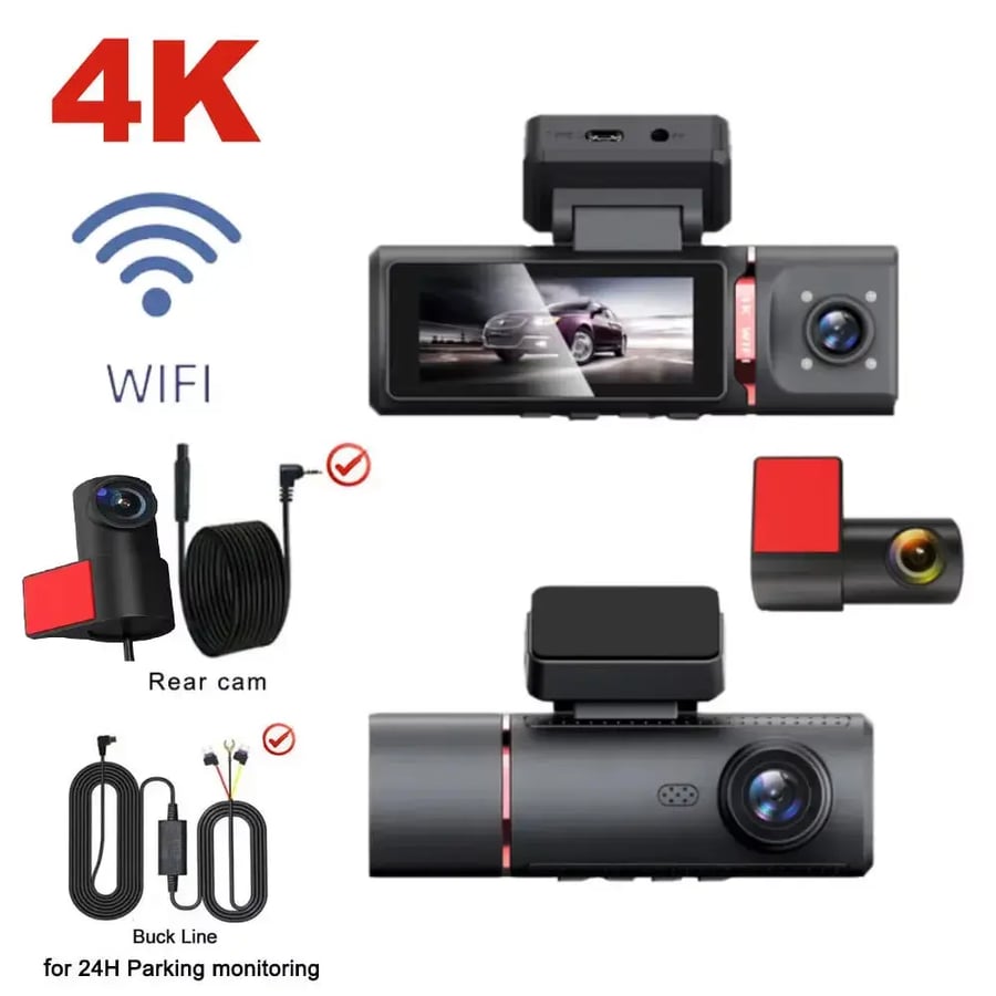 كاميرا داش EKLEVA 4K ثلاثية القنوات مع WiFi ورؤية ليلية للأمام والداخل والخلف