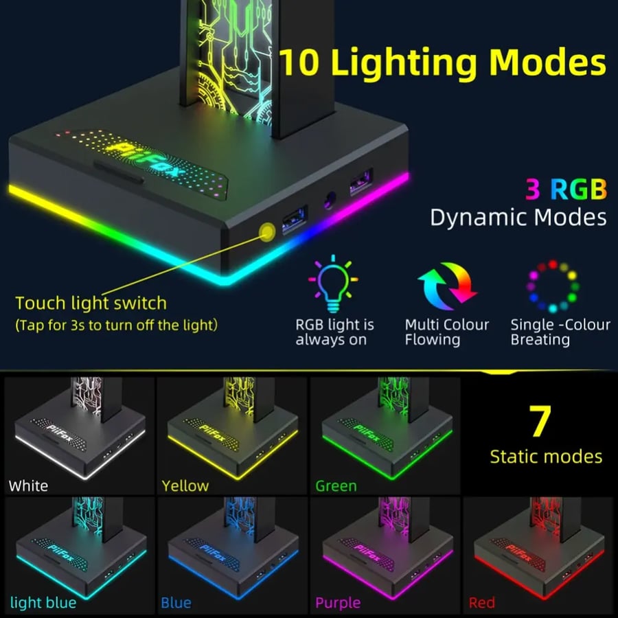 حامل سماعة رأس RGB للألعاب بمنفذي USB وتأثيرات إضاءة وصوت