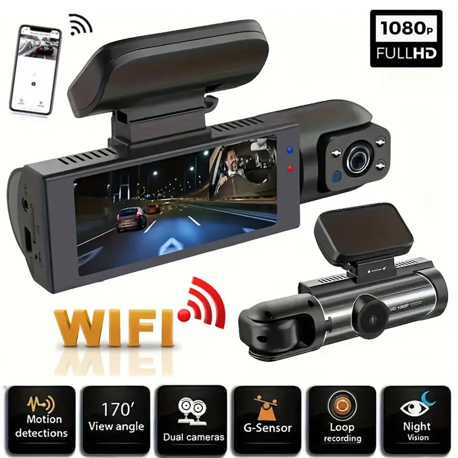 كاميرا داش مزدوجة 1080P للسيارة مع WiFi ورؤية ليلية