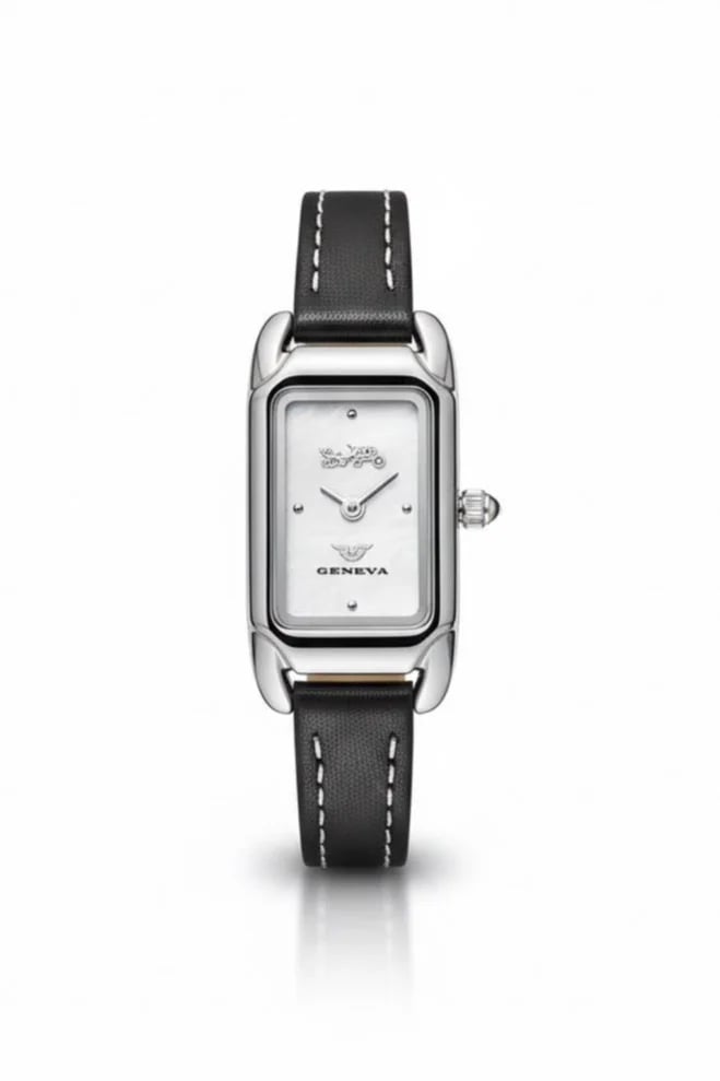 Women's watch, Geneva brand, GV025, black leather, mother of pearl dial, silver bezel