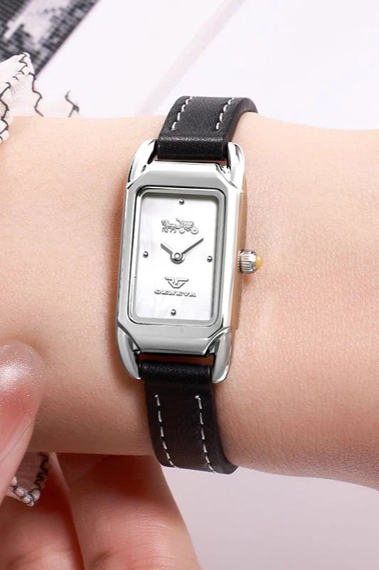 Women's watch, Geneva brand, GV025, black leather, mother of pearl dial, silver bezel